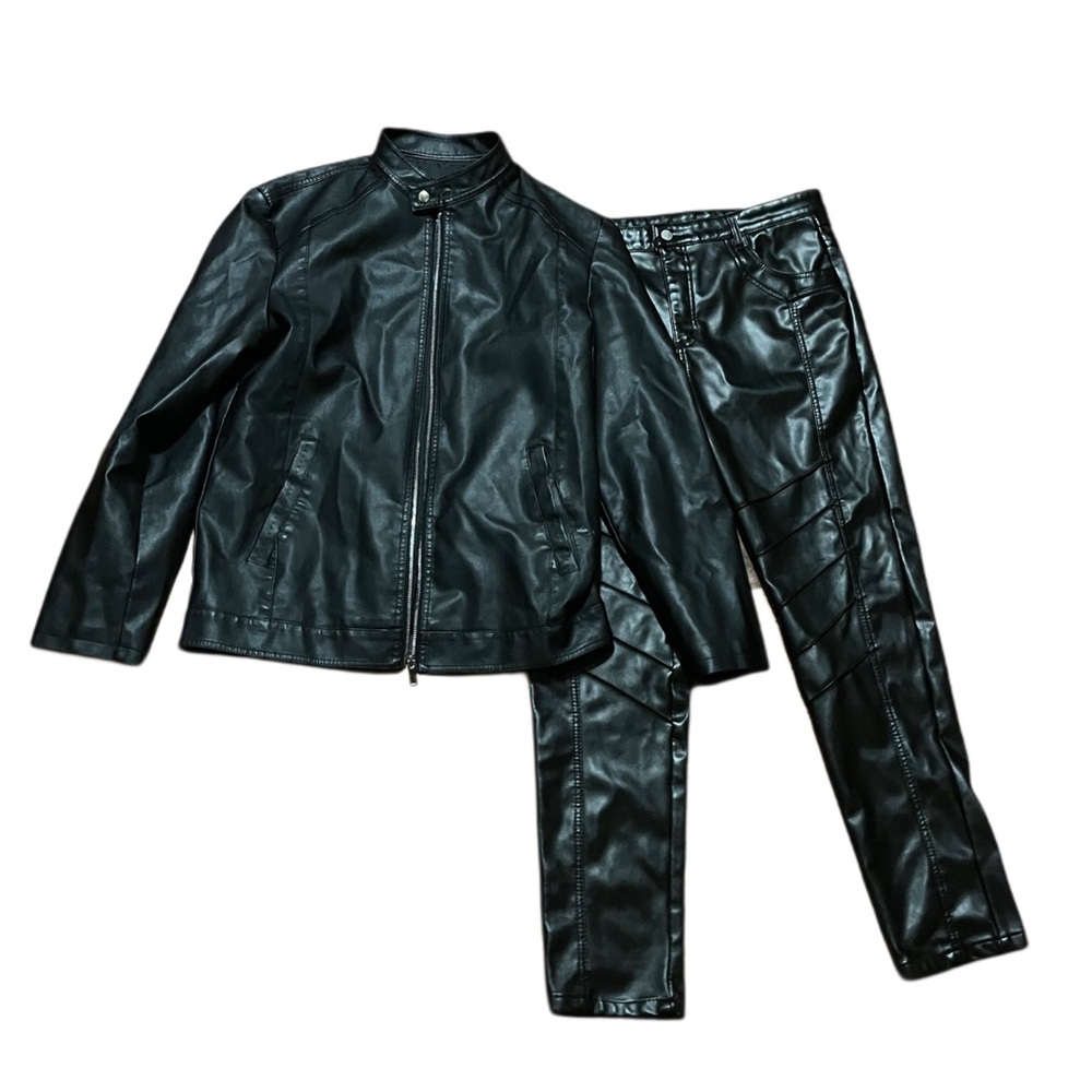 Black Faux Leather Moto Jacket & Pants Set Biker Matching Outfit Edgy Y2K Street